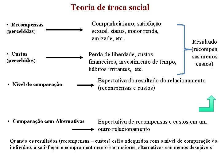 Teoria de troca social • Recompensas (percebidas) • Custos (percebidos) • Nível de comparação