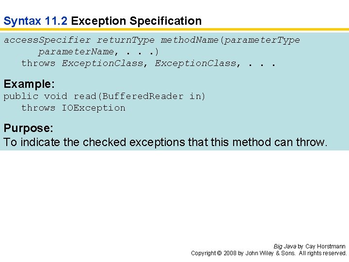 Syntax 11. 2 Exception Specification access. Specifier return. Type method. Name(parameter. Type parameter. Name,