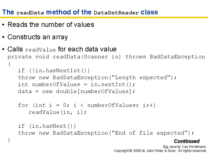 The read. Data method of the Data. Set. Reader class • Reads the number