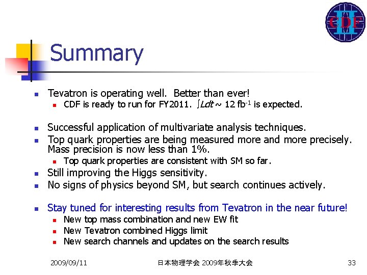 Summary n n n Tevatron is operating well. Better than ever! -1 is expected.