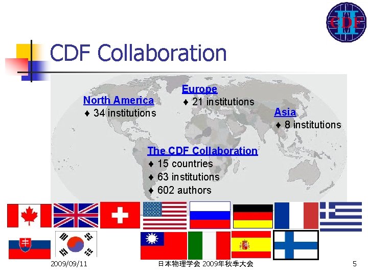 CDF Collaboration North America 34 institutions Europe 21 institutions Asia 8 institutions The CDF