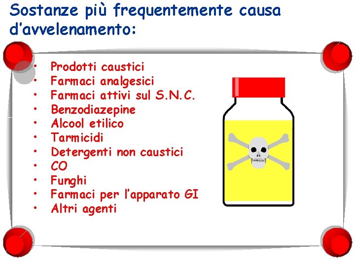 Sostanze più frequentemente causa d’avvelenamento: • • • Prodotti caustici Farmaci analgesici Farmaci attivi