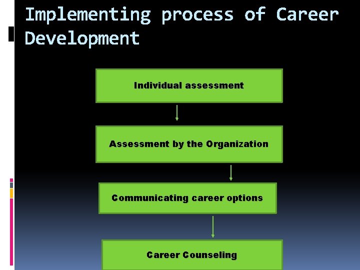 Implementing process of Career Development Individual assessment Assessment by the Organization Communicating career options