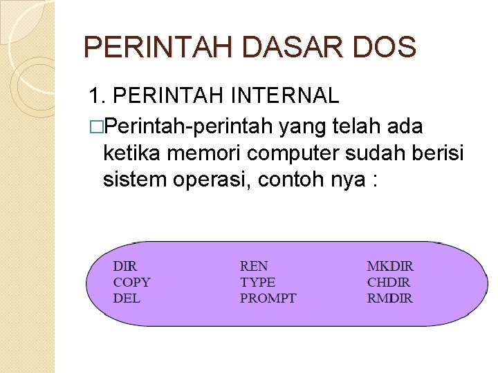PERINTAH DASAR DOS 1. PERINTAH INTERNAL �Perintah-perintah yang telah ada ketika memori computer sudah PERINTAH DASAR DOS 1. PERINTAH INTERNAL �Perintah-perintah yang telah ada ketika memori computer sudah