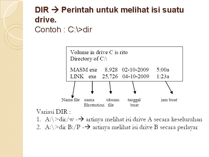 DIR Perintah untuk melihat isi suatu drive. Contoh : C: >dir DIR Perintah untuk melihat isi suatu drive. Contoh : C: >dir