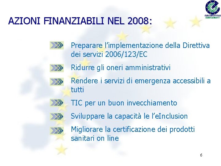 AZIONI FINANZIABILI NEL 2008: Preparare l’implementazione della Direttiva dei servizi 2006/123/EC Ridurre gli oneri