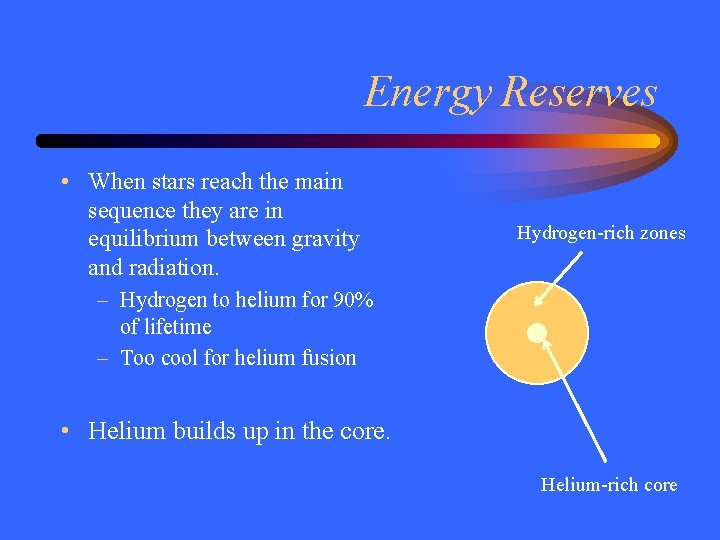 Energy Reserves • When stars reach the main sequence they are in equilibrium between