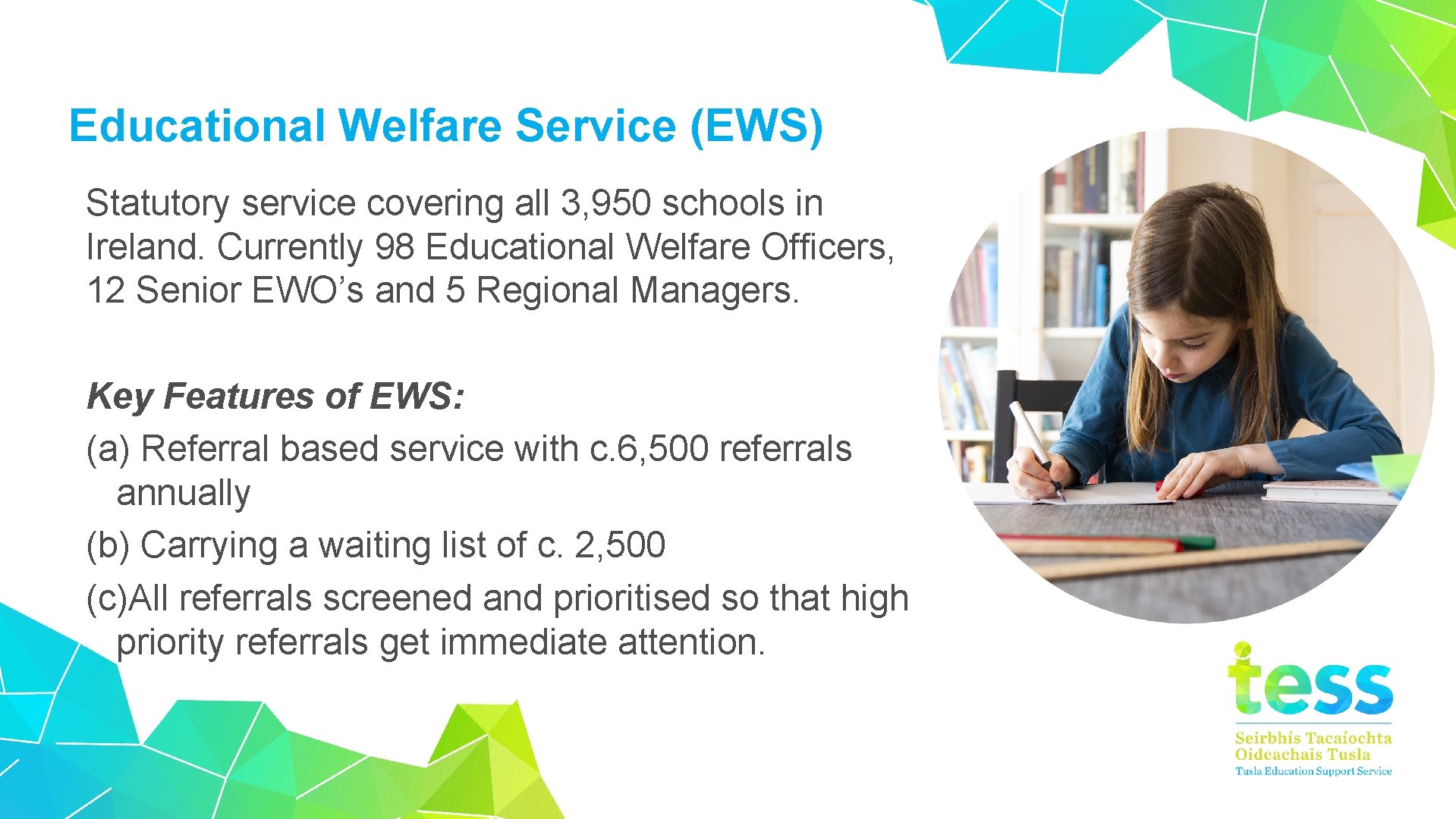 Educational Welfare Service (EWS) Statutory service covering all 3, 950 schools in Ireland. Currently