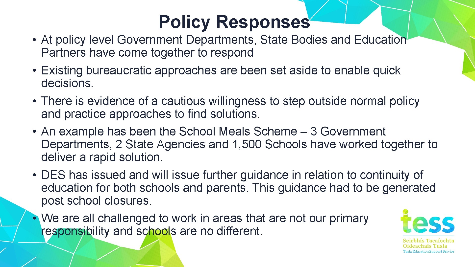 Policy Responses • At policy level Government Departments, State Bodies and Education Partners have