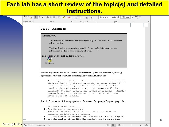 Each lab has a short review of the topic(s) and detailed instructions. 13 Copyright Each lab has a short review of the topic(s) and detailed instructions. 13 Copyright