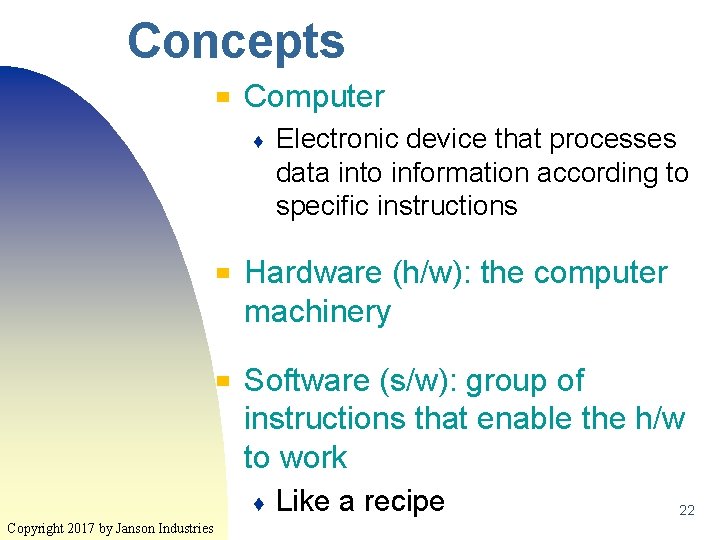 Concepts ▀ Computer ♦ ▀ ▀ Hardware (h/w): the computer machinery Software (s/w): group Concepts ▀ Computer ♦ ▀ ▀ Hardware (h/w): the computer machinery Software (s/w): group