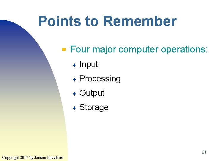 Points to Remember ▀ Four major computer operations: ♦ Input ♦ Processing ♦ Output Points to Remember ▀ Four major computer operations: ♦ Input ♦ Processing ♦ Output