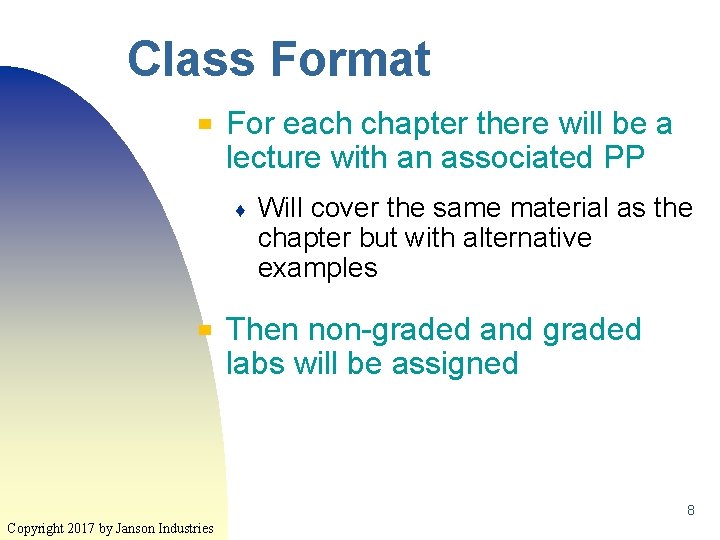 Class Format ▀ For each chapter there will be a lecture with an associated Class Format ▀ For each chapter there will be a lecture with an associated