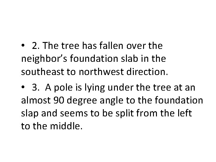  • 2. The tree has fallen over the neighbor’s foundation slab in the