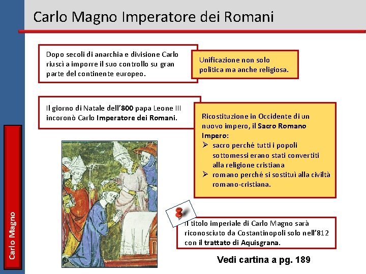 Carlo Magno Imperatore dei Romani Dopo secoli di anarchia e divisione Carlo riuscì a