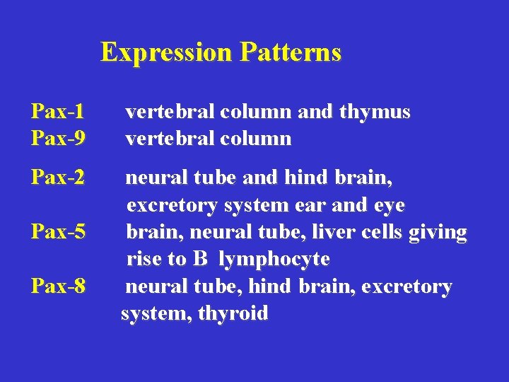 Expression Patterns Pax-1 Pax-9 vertebral column and thymus vertebral column Pax-2 neural tube and