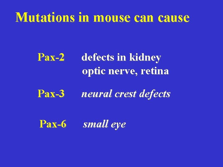 Mutations in mouse can cause Pax-2 defects in kidney optic nerve, retina Pax-3 neural