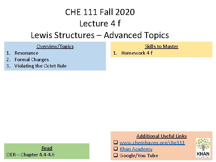 CHE 111 Fall 2020 Lecture 4 f Lewis Structures – Advanced Topics Overview/Topics 1.