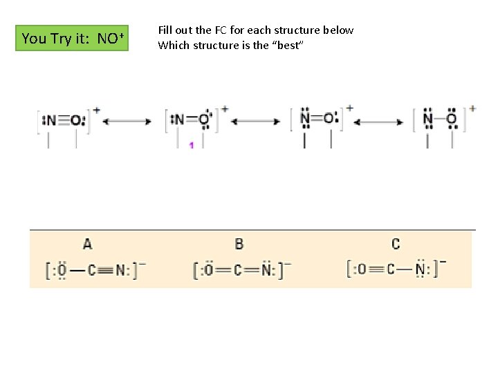 You Try it: NO+ Fill out the FC for each structure below Which structure