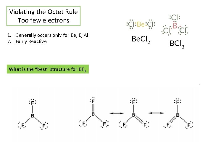 Violating the Octet Rule Too few electrons 1. Generally occurs only for Be, B,
