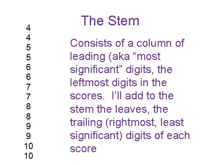 The Stem Consists of a column of leading (aka “most significant” digits, the leftmost