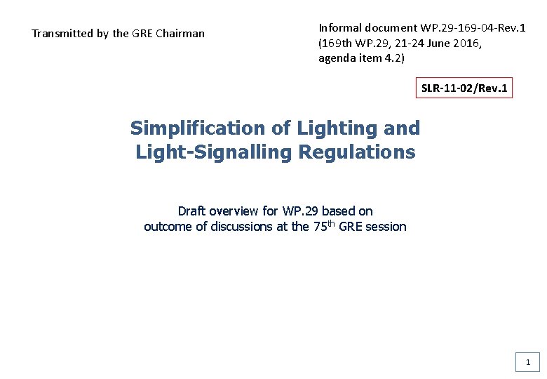 Transmitted by the GRE Chairman Informal document WP. 29 -169 -04 -Rev. 1 (169