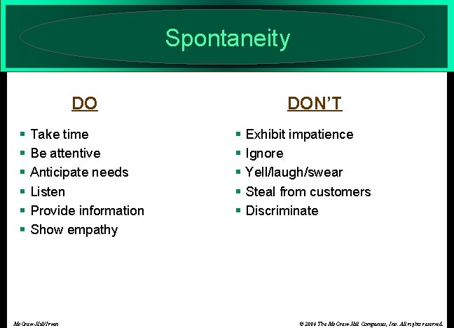 Spontaneity DO § § § Take time Be attentive Anticipate needs Listen Provide information