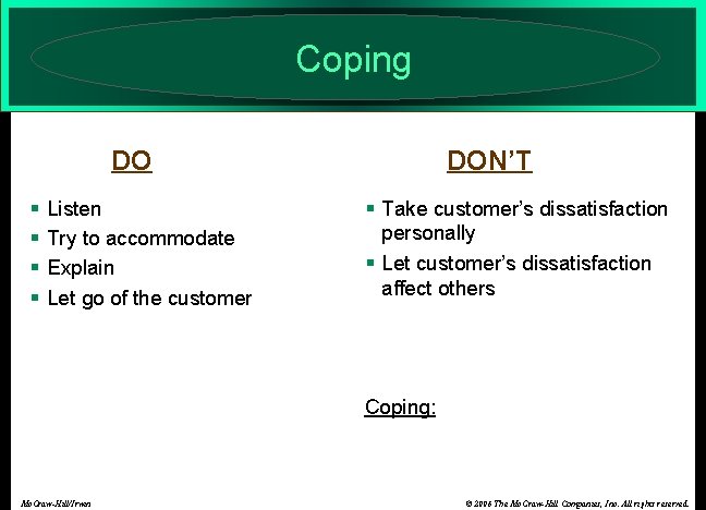 Coping DO § § Listen Try to accommodate Explain Let go of the customer