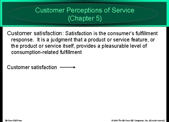 Customer Perceptions of Service (Chapter 5) Customer satisfaction: Satisfaction is the consumer’s fulfillment response.