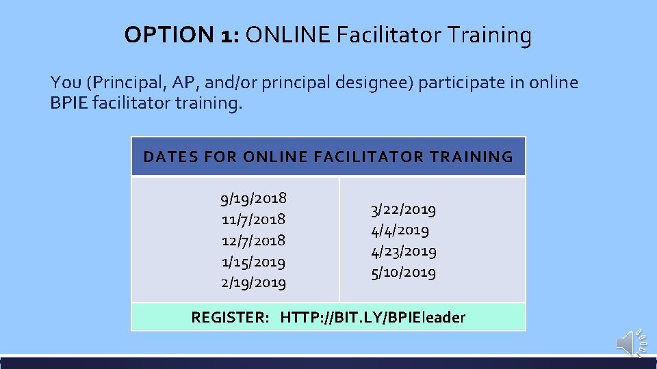 OPTION 1: ONLINE Facilitator Training You (Principal, AP, and/or principal designee) participate in online