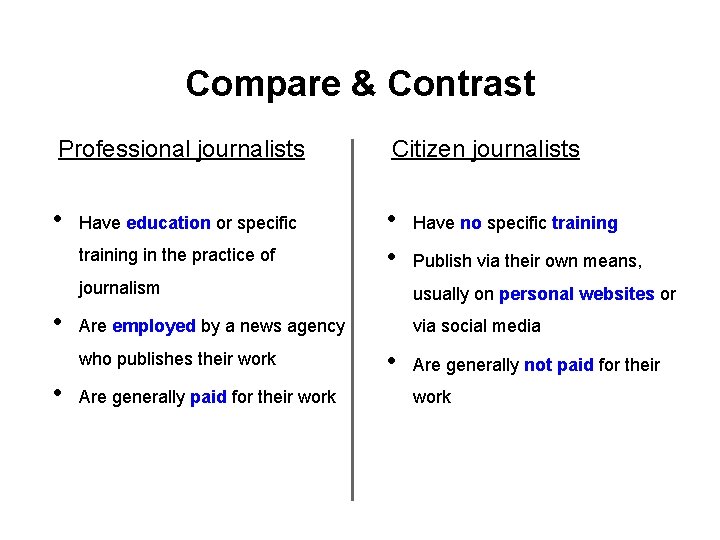 Compare & Contrast Professional journalists Citizen journalists • • • Have education or specific