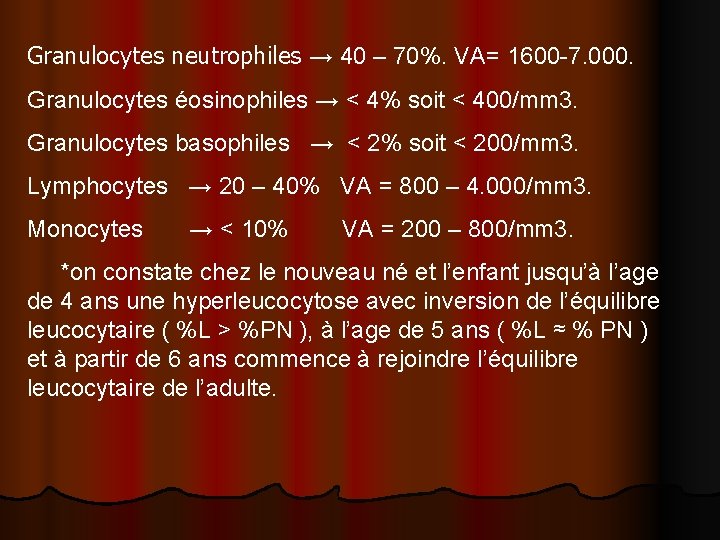 Granulocytes neutrophiles → 40 – 70%. VA= 1600 -7. 000. Granulocytes éosinophiles → <
