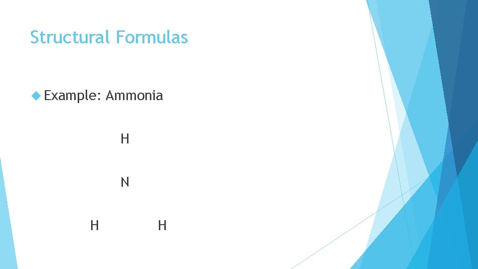 Structural Formulas Example: Ammonia H N H H 