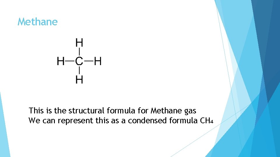 Methane This is the structural formula for Methane gas We can represent this as