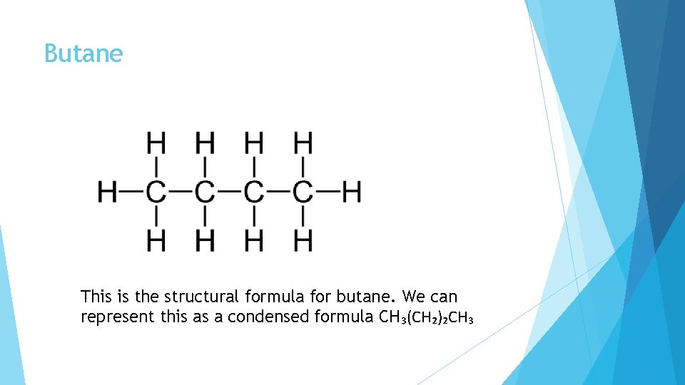 Butane This is the structural formula for butane. We can represent this as a