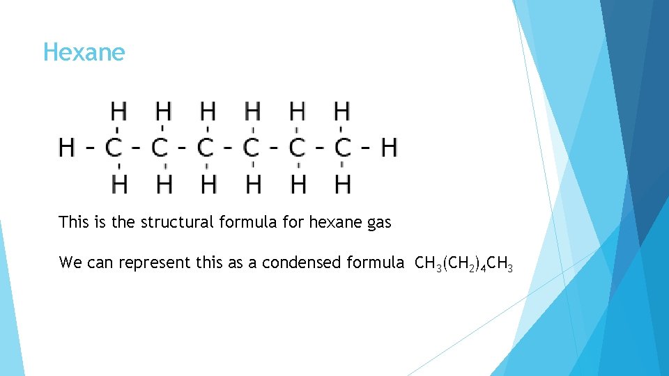 Hexane This is the structural formula for hexane gas We can represent this as