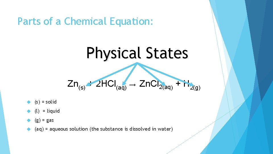 Parts of a Chemical Equation: Physical States Zn(s) + 2 HCl(aq) → Zn. Cl