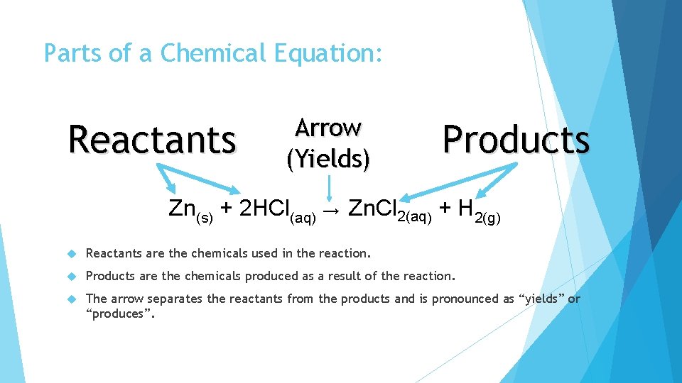 Parts of a Chemical Equation: Reactants Arrow (Yields) Products Zn(s) + 2 HCl(aq) →