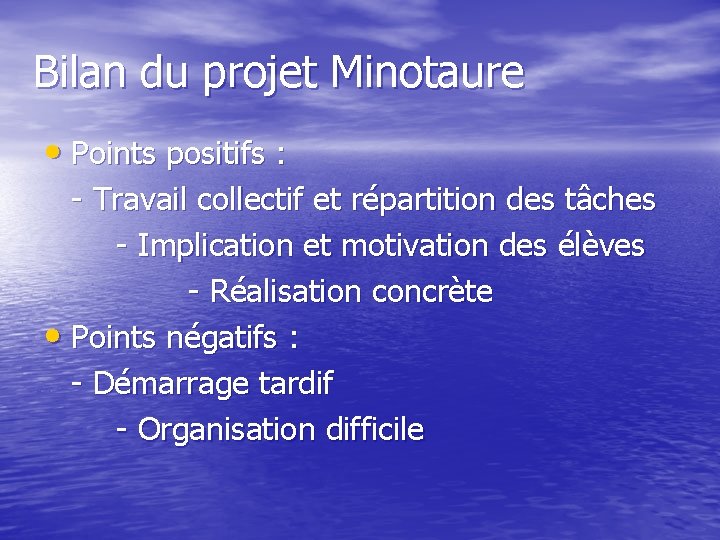 Bilan du projet Minotaure • Points positifs : - Travail collectif et répartition des