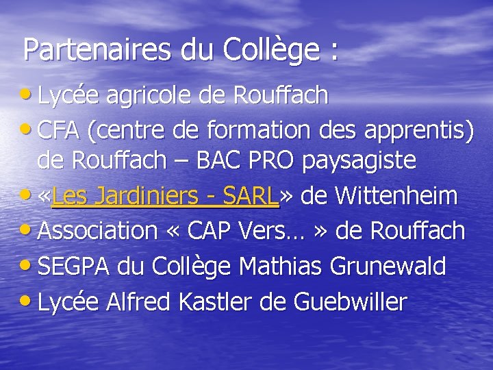 Partenaires du Collège : • Lycée agricole de Rouffach • CFA (centre de formation