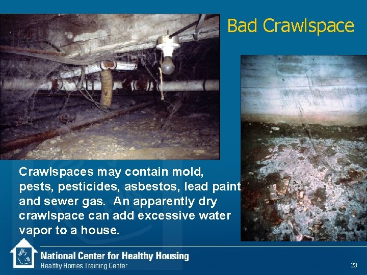 Bad Crawlspaces may contain mold, pests, pesticides, asbestos, lead paint and sewer gas. An