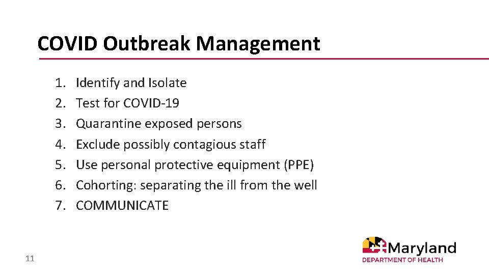 COVID Outbreak Management 1. 2. 3. 4. 5. 6. 7. 11 Identify and Isolate