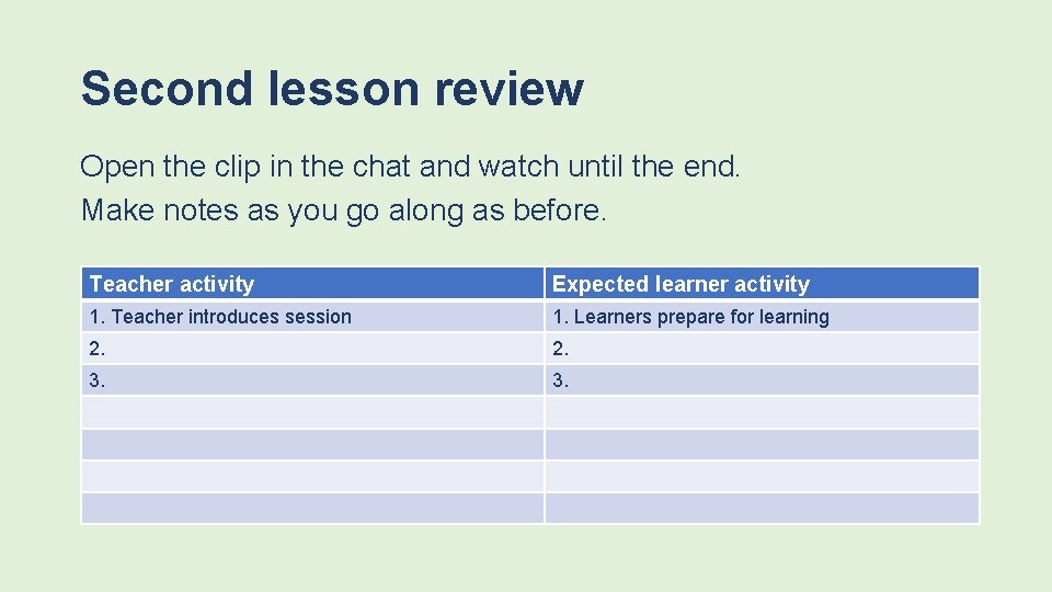 Second lesson review Open the clip in the chat and watch until the end.