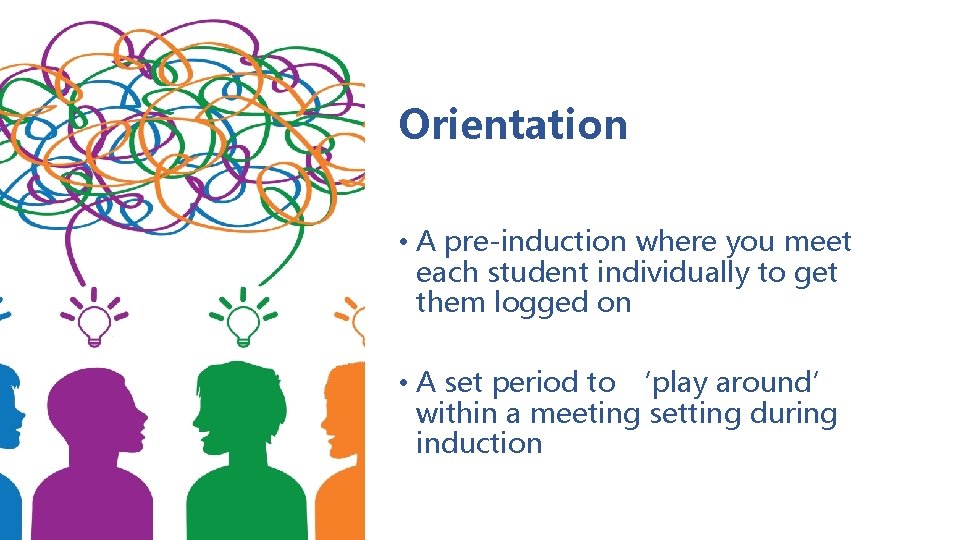 Orientation • A pre-induction where you meet each student individually to get them logged