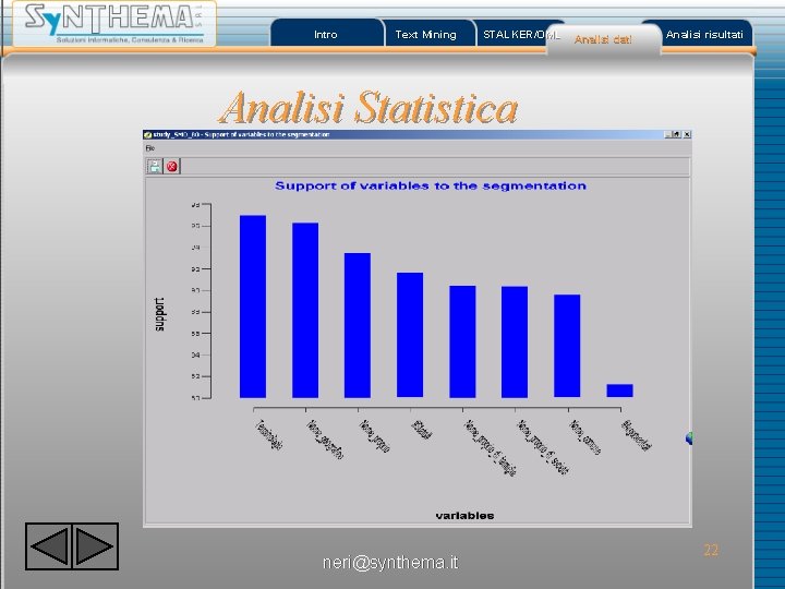 Intro Text Mining STALKER/OML Analisi dati Analisi risultati Analisi Statistica neri@synthema. it 22 