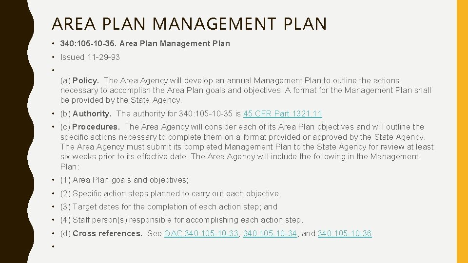 AREA PLAN MANAGEMENT PLAN • 340: 105 -10 -35. Area Plan Management Plan •