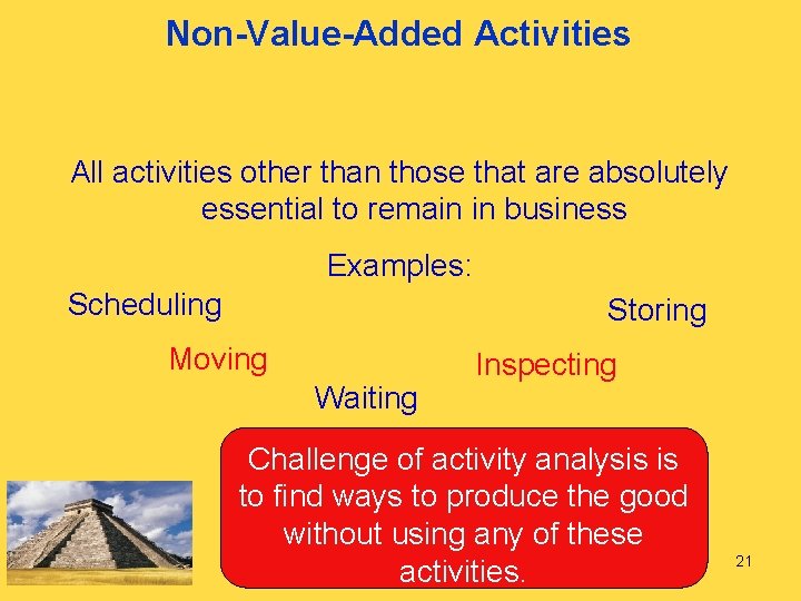 Non-Value-Added Activities All activities other than those that are absolutely essential to remain in