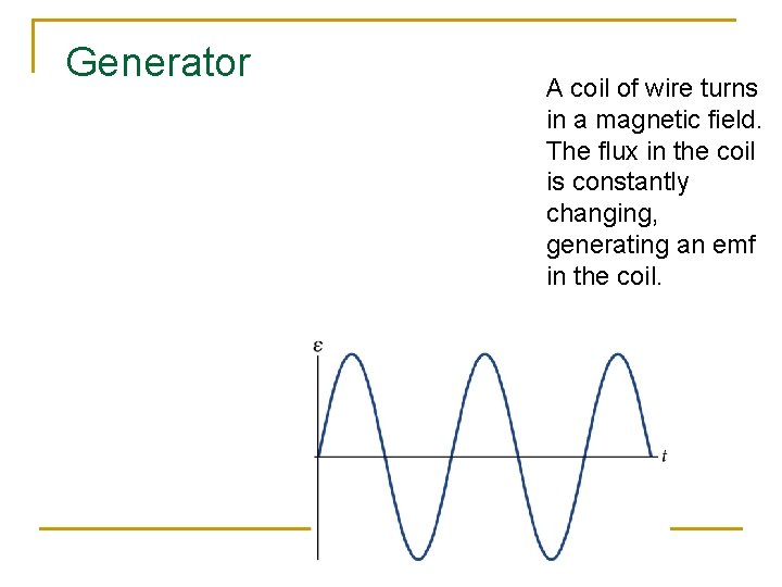 Generator A coil of wire turns in a magnetic field. The flux in the