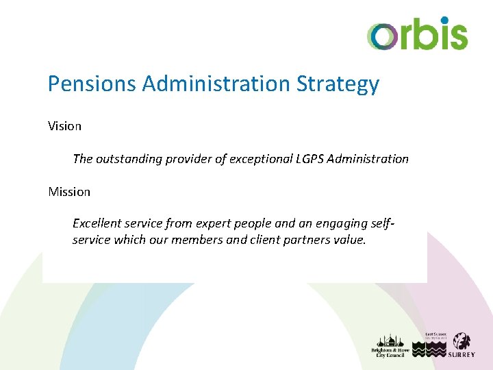 Pensions Administration Strategy Vision The outstanding provider of exceptional LGPS Administration Mission Excellent service