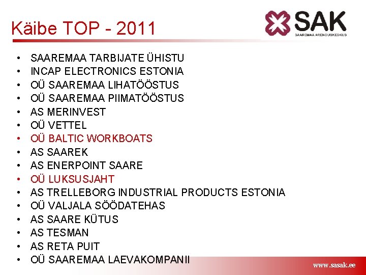 Käibe TOP - 2011 • • • • SAAREMAA TARBIJATE ÜHISTU INCAP ELECTRONICS ESTONIA